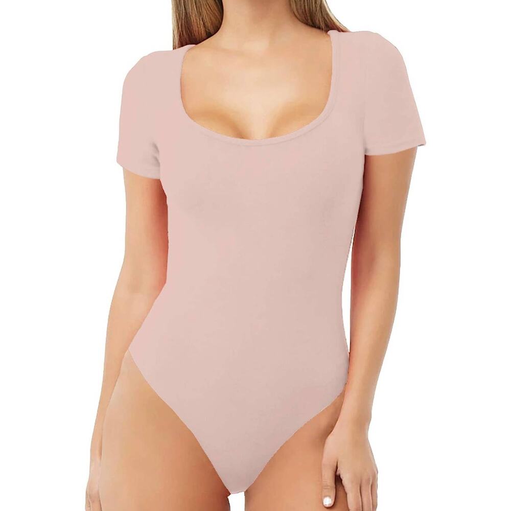 Women's Scoop Neck Short Sleeved Basic Tan Bodysuit